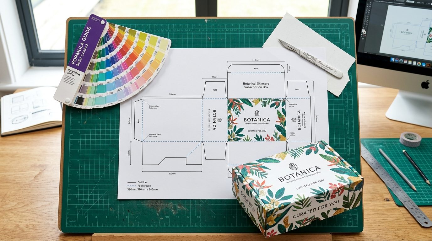 Open kraft mailer box with a deep teal printed interior